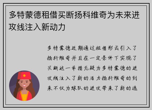 多特蒙德租借买断扬科维奇为未来进攻线注入新动力
